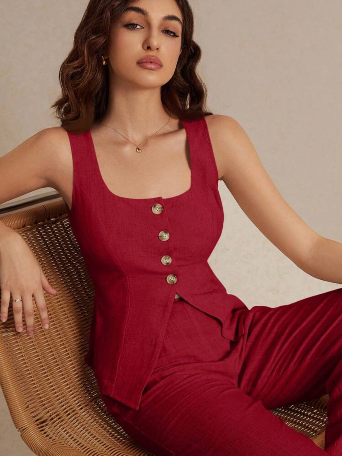 CM-SS698023 Women Casual Seoul Style Metal Button Embellishment Split Square Neck Sleeveless Vest With Pants - Set