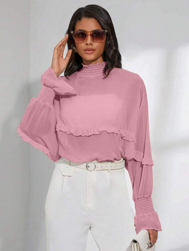 CM-TS187536 Women Trendy Bohemian Style Shirred Neck Batwing Sleeve Sheer Blouse - Pink