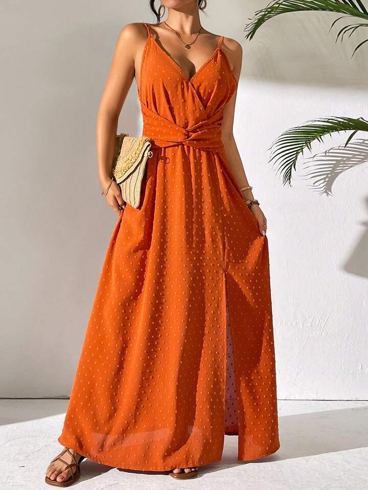 CM-DS898009 Women Trendy Bohemian Style Twist Knot High Slit Strappy Dress - Burnt Orange