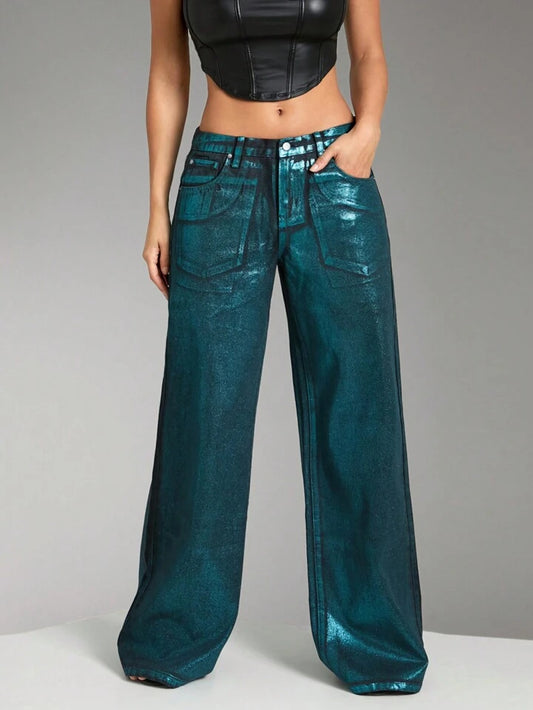 CM-BS043633 Women Casual Seoul Style Drop Waist Foil Low Rise Wide Leg Jeans - Green