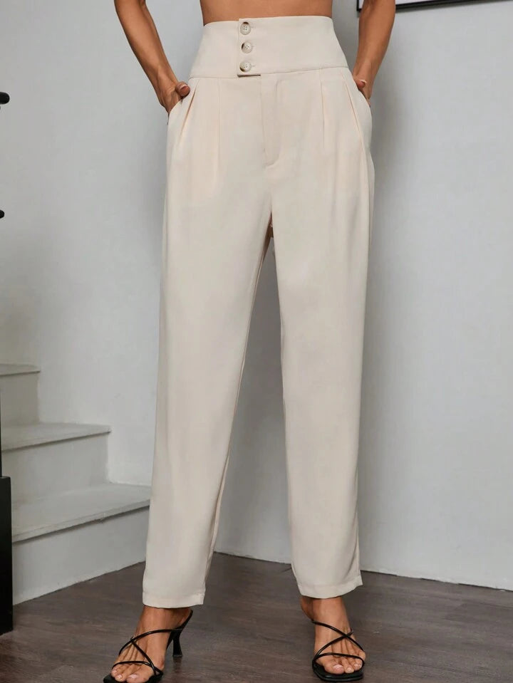 CM-BS743542 Women Elegant Seoul Style High Waist Straight Pants With Pockets - Beige