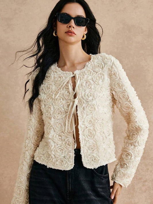 CM-CS312495 Women Elegant Seoul Style 3D Floral Lace-Up Placket Tie Front Long Sleeve Jacket