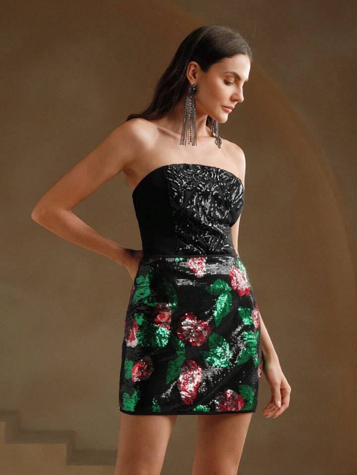 CM-BS555755 Women Elegant Seoul Style Floral Sequin Bodycon Mini Skirt - Black