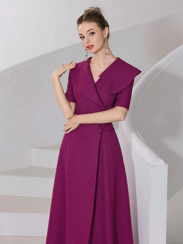 CM-DS772423 Women Elegant Seoul Style Solid Color V-Neck Short Sleeve Front Button Long Dress