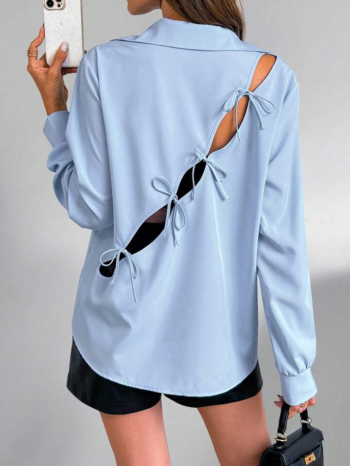 CM-TS568275 Women Casual Seoul Style Solid Cut Out Tie Back Long Sleeves Shirt - Baby Blue