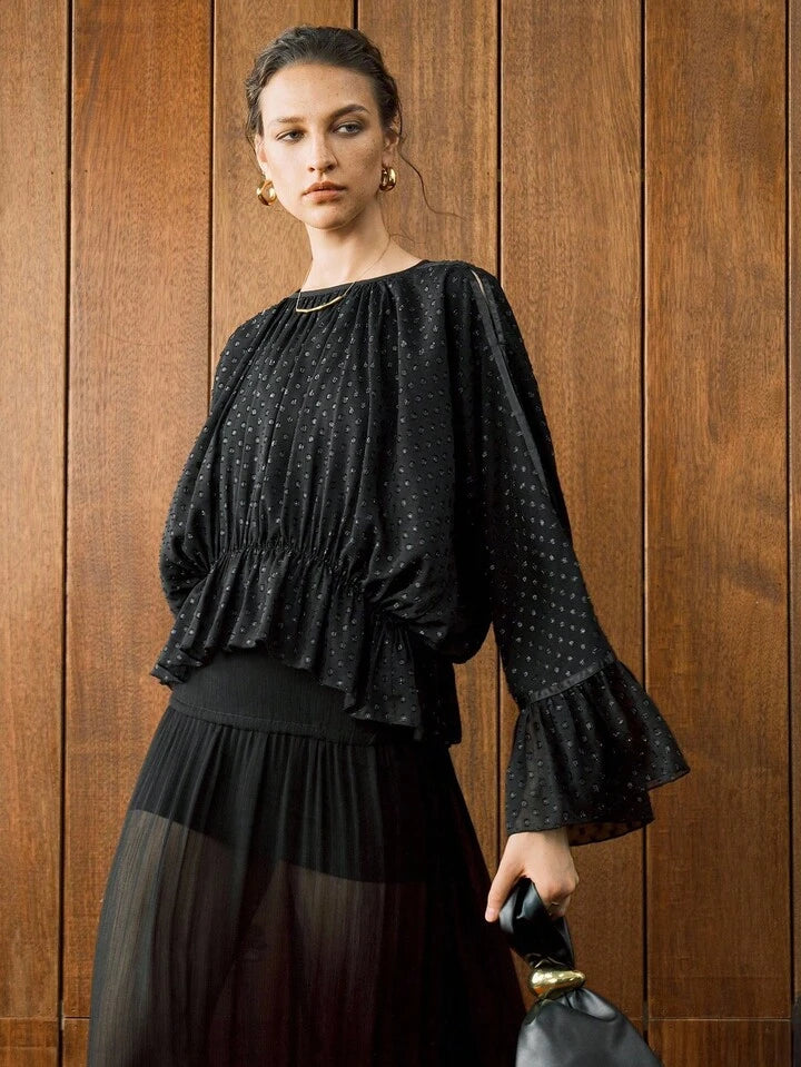 CM-TS538131 Women Elegant Seoul Style Polka Dot Chiffon Jacquard Drop Shoulder Waist Ruffle Design Hem Blouse