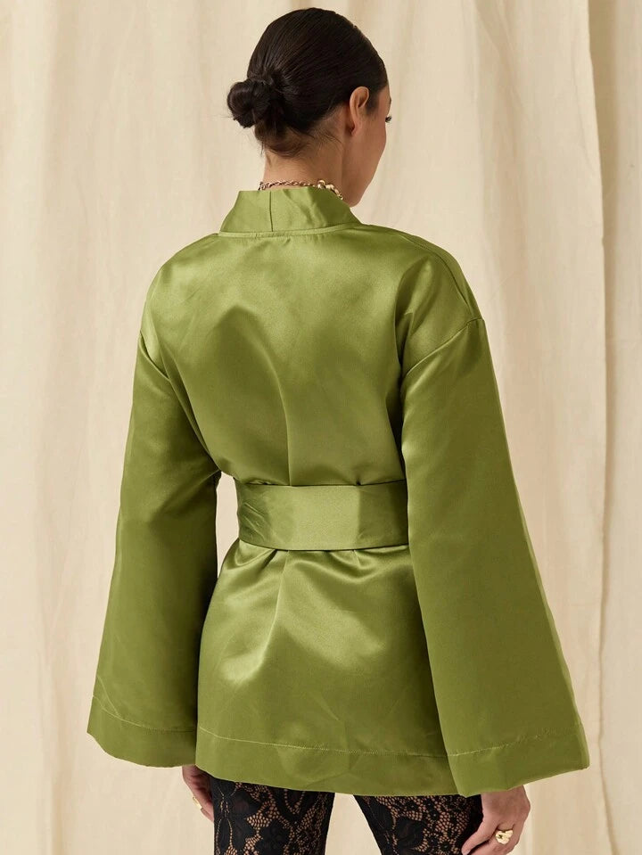 CM-DS756020 Women Elegant Seoul Style Solid Color Deep V-Neck Bell Sleeve Mini Dress - Olive Green