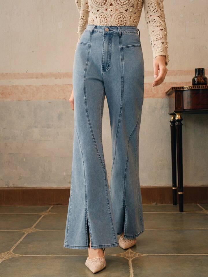 CM-BS068890 Women Casual Seoul Style Bell Bottom High Waist Flare Leg Jeans - Blue