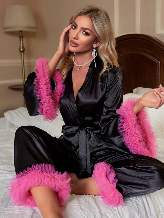 CM-LS596162 Women Trendy Seoul Style V-Neck Colorblock Belted Mesh Cuff Pajama Set - Black