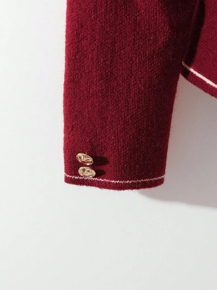 CM-CS455165 Women Elegant Seoul Style Stand Collar Button-Up Long Sleeve Ruffle Hem Cardigan - Burgundy