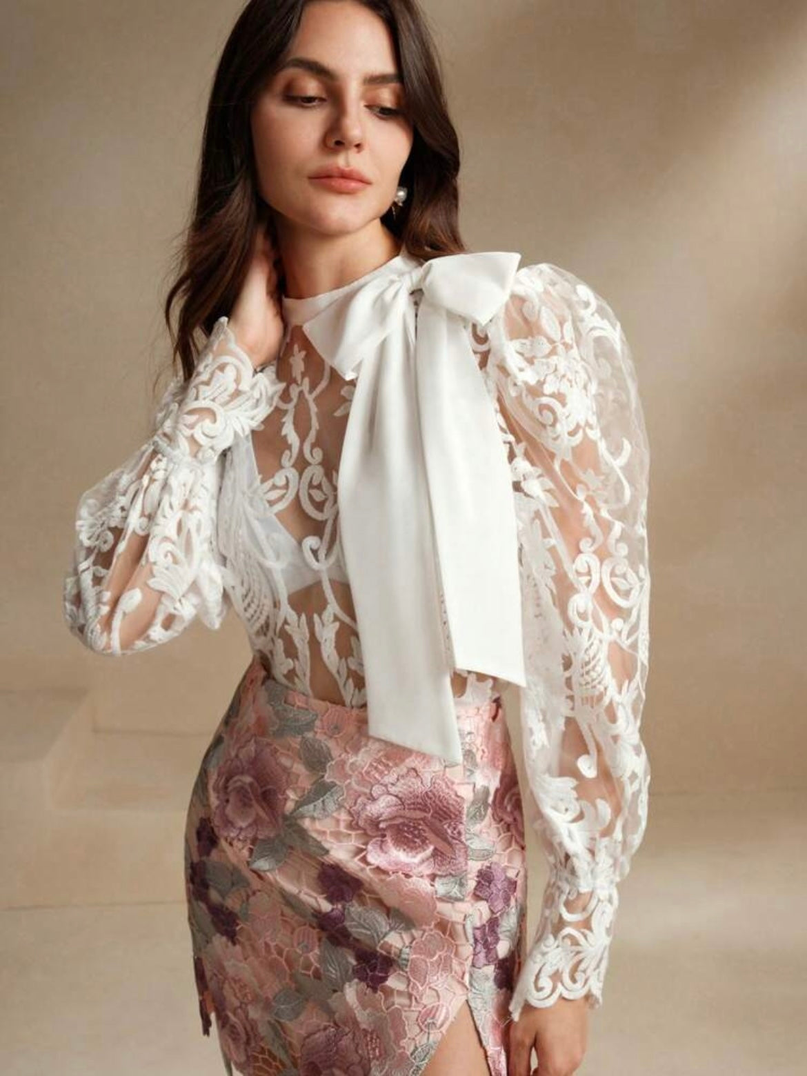 CM-TS660520 Women Elegant Seoul Style Stand Collar Lace Puff Sleeve See-Through Embroidered Blouse