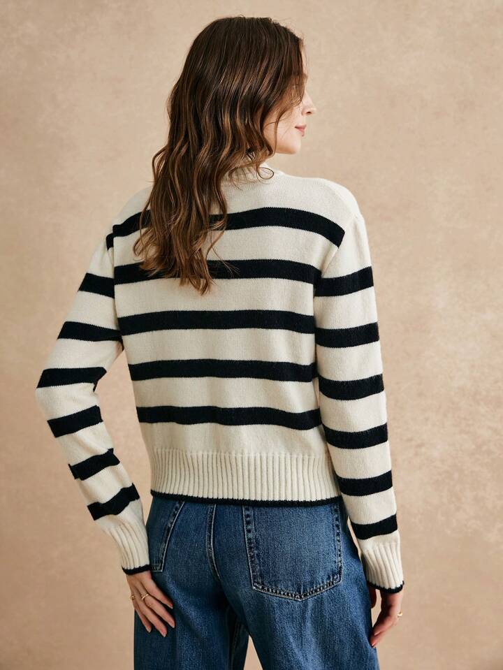 CM-CS287474 Women Casual Seoul Style Striped High-Necked Long Sleeve Rib-Knit Sweater