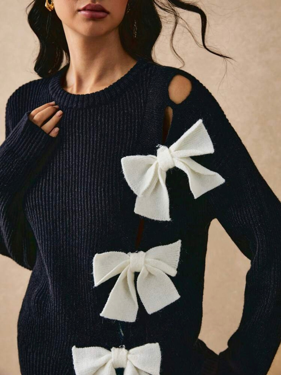CM-CS928811 Women Casual Seoul Style Round Neck Bow Embellished Long Sleeve Sweater - Black