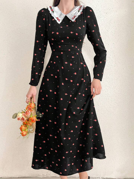 CM-DS722228 Women Casual Seoul Style Peter Pan Collar Long sleeve Floral Print Maxi Dress - Black