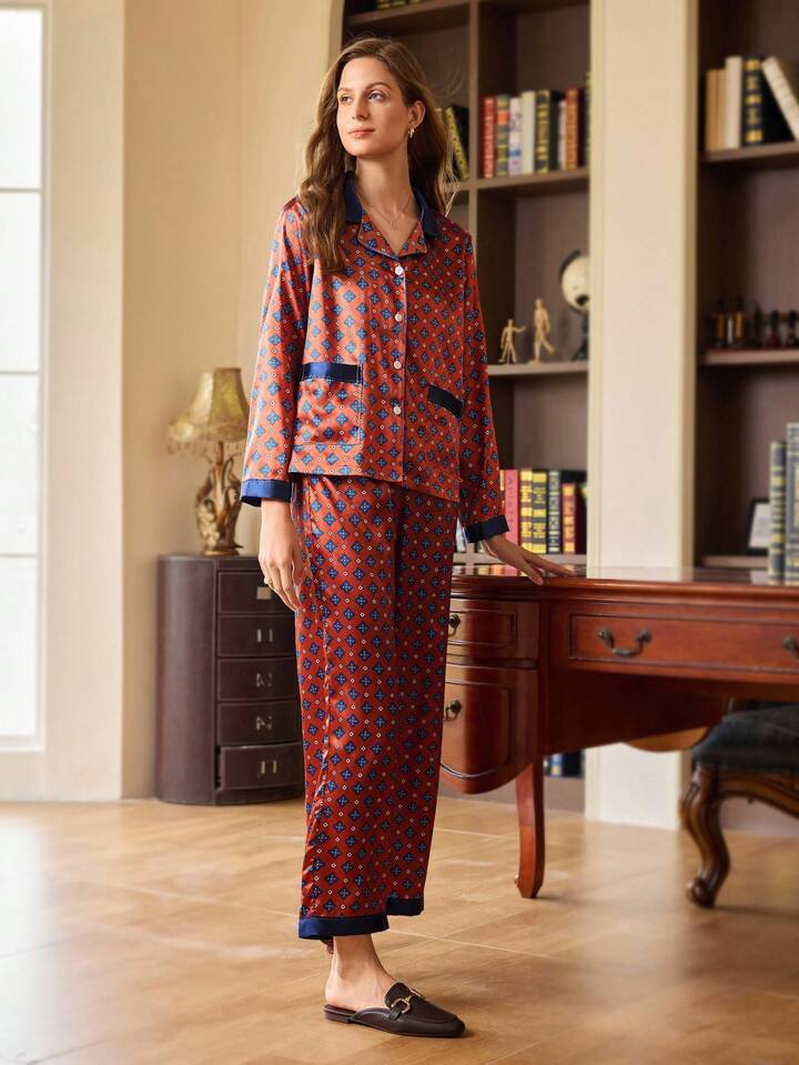 CM-LS989249 Women Trendy Seoul Style Faux Silk Colorblock Geometric Pattern Fuzzy Cuff Pajama Set