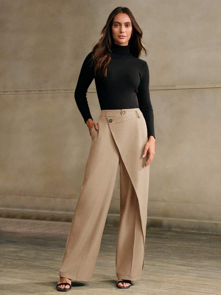 CM-BS366891 Women Elegant Seoul Style Asymmetrical Draping Cross-Wrap Pockets Straight-Leg Pants - Khaki