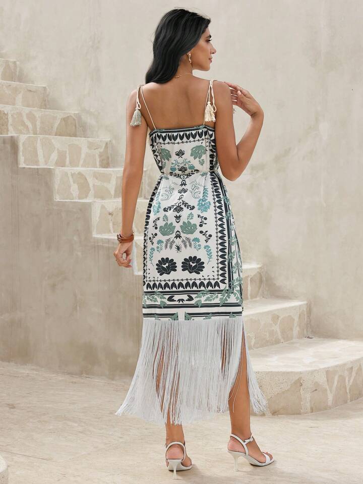 CM-DS375681 Women Trendy Bohemian Style Spaghetti Strap Fringe Decorated Sleeveless Dress
