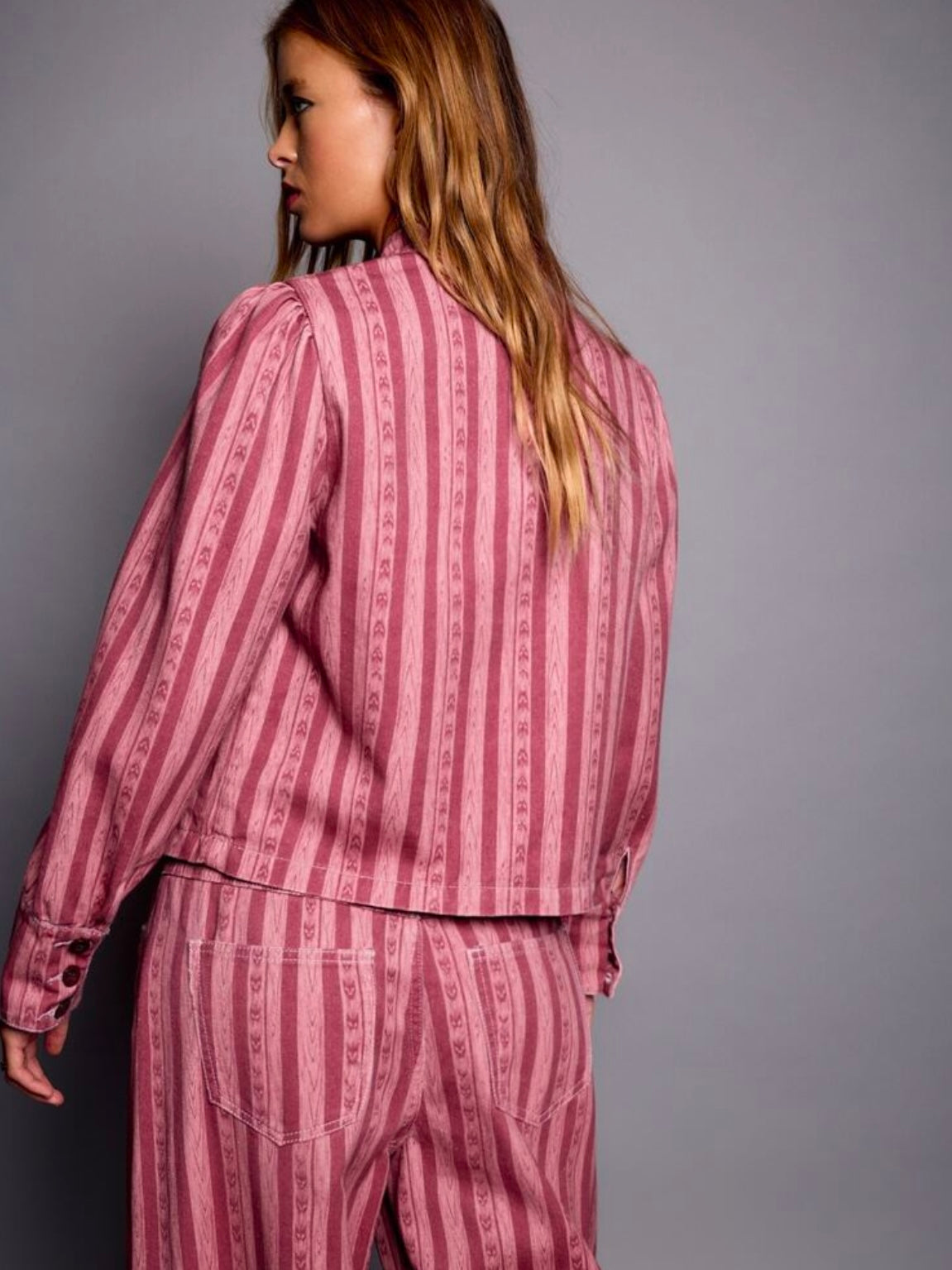 CM-CS287781 Women Elegant Seoul Style Stand Collar Short Sleeve Button Front Striped Jacket - Hot Pink