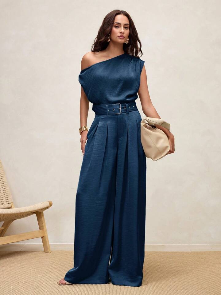 CM-BS064448 Women Casual Seoul Style High Waist Pleated Wide Leg Pants - Blue