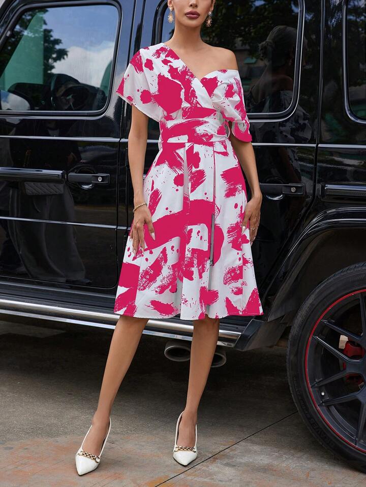 CM-DS886308 Women Trendy Bohemian Style Brush Print Asymmetrical Neck Dress - Hot Pink