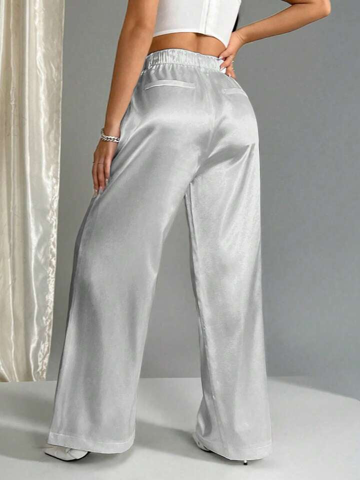 CM-BS678641 Women Casual Seoul Style Satin Elastic Waist Wide Leg Palazzo Pants - Light Gray