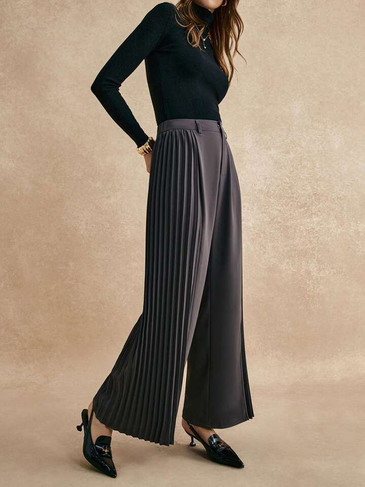 CM-BS793012 Women Elegant Seoul Style Solid Color Pleated Loose Wide-Leg Pants - Gray