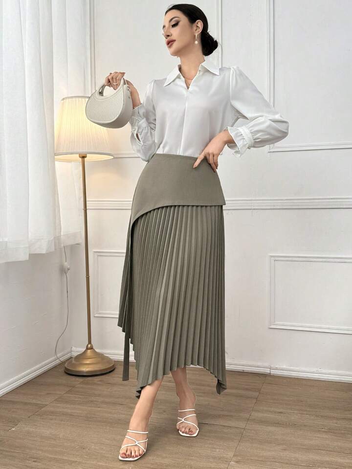 CM-BS055268 Women Elegant Seoul Style Solid Color Asymmetric Hem Pleated Skirt - Army Green