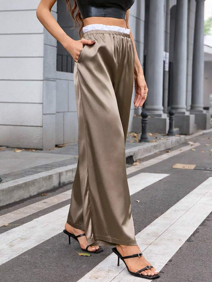 CM-BS166666 Women Elegant Seoul Style Drawstring Waistband Glossy Straight Leg Pants - Khaki