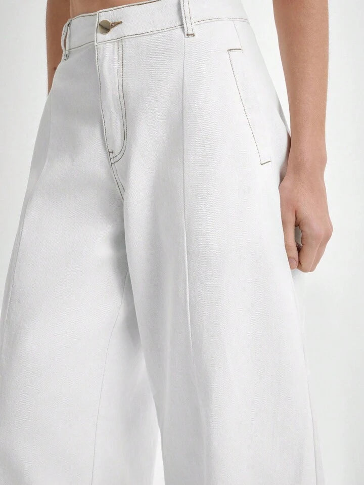 CM-BS811130 Women Casual Seoul Style High Waist Baggy Wide Leg Jeans - White