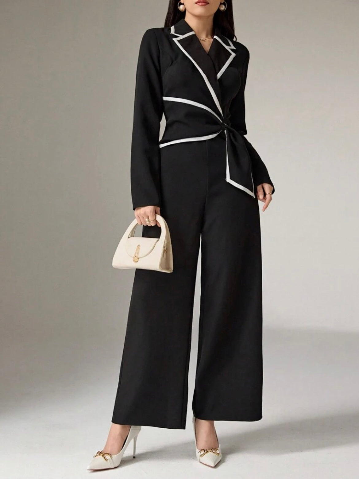 CM-JS132223 Women Elegant Seoul Style Collared Long Sleeve Cuffed Wide Leg Jumpsuit - Black