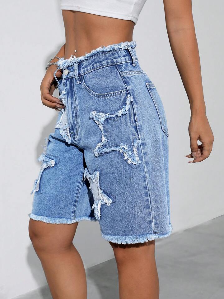 CM-BS279476 Women Casual Seoul Style Medium Wash Star Patchwork And Pocket Denim Shorts