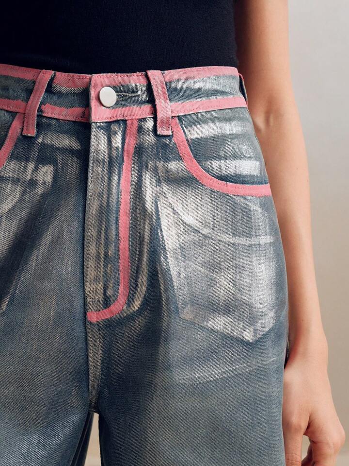 CM-BS238888 Women Elegant Seoul Style High Waist Silver Hot Stamping Flare Jeans - Blue