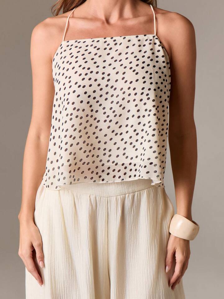 CM-TS300236 Women Casual Seoul Style Sheer Polka Dot Halter Back Tie Detail Sleeveless Blouse - Black and White