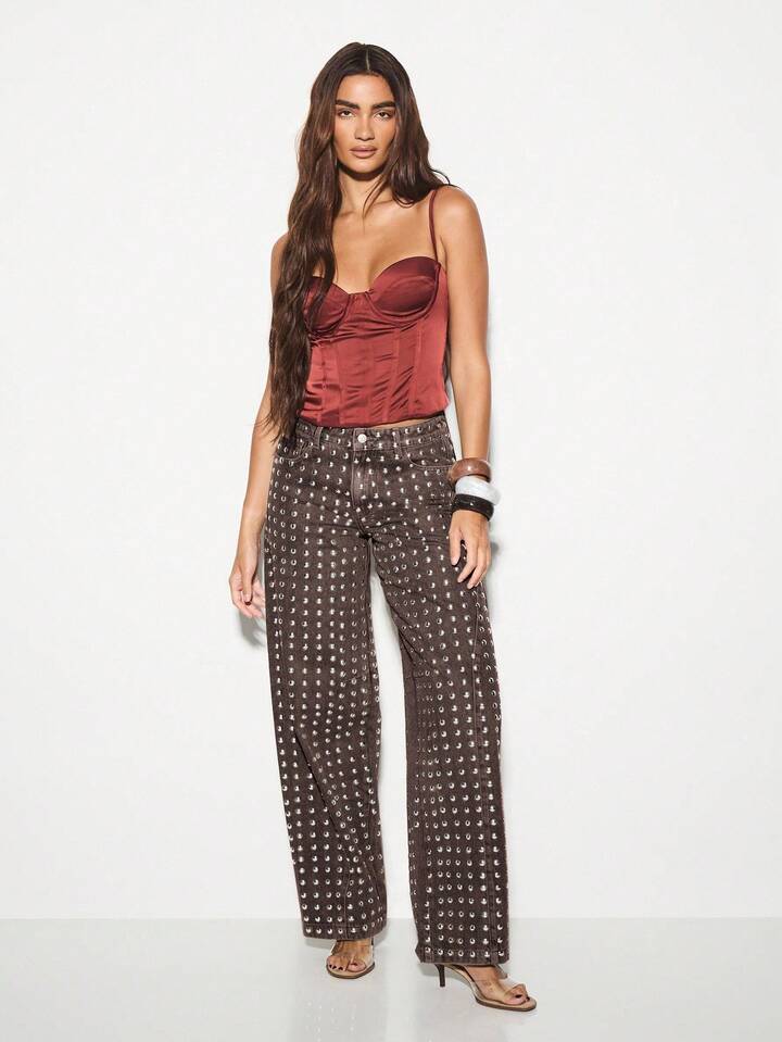 CM-BS944409 Women Casual Seoul Style High Waisted Metal Studs Wide Leg Palazzo Jeans - Burgundy