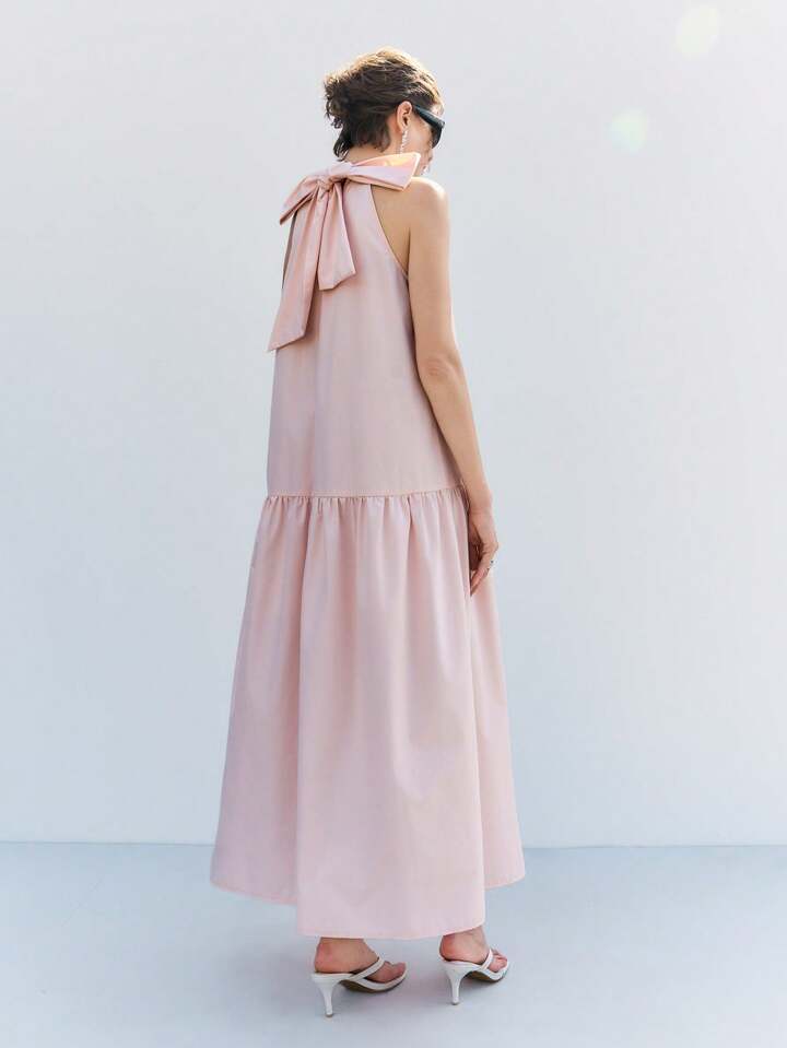 CM-DS178358 Women Casual Seoul Style Tie-Up Halter Sleeveless A-Line Pleated Hem Long Dress - Baby Pink