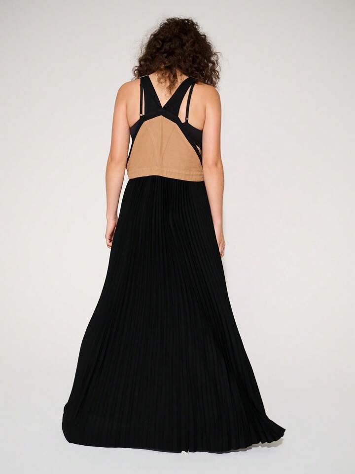 CM-DS535463 Women Trendy Bohemian Style High Slit Pleated Denim Summer Overall Maxi Dress