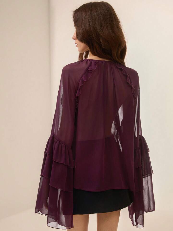 CM-TS850216 Women Elegant Seoul Style Chiffon Crinkle Round Neck Button Front Layered Ruffled Long Sleeve Blouse