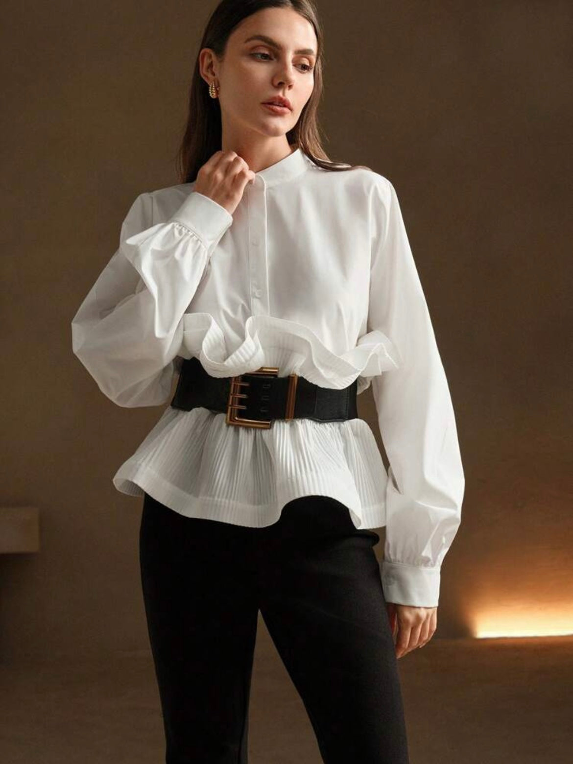 CM-TS961174 Women Elegant Seoul Style Multi-Layer Ruffles Waist Cinching Loose Shirt - White