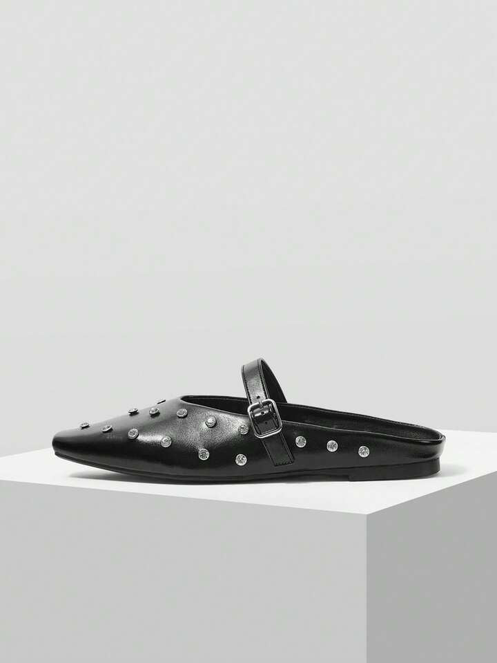 CM-SHS245724 Women Trendy Seoul Style Rhinestone Decor Buckle Flats - Black