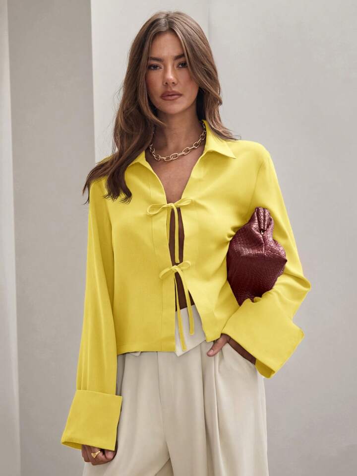 CM-TS885945 Women Trendy Bohemian Style Shirt Collar Front Tie Long Sleeve Shirt - Yellow