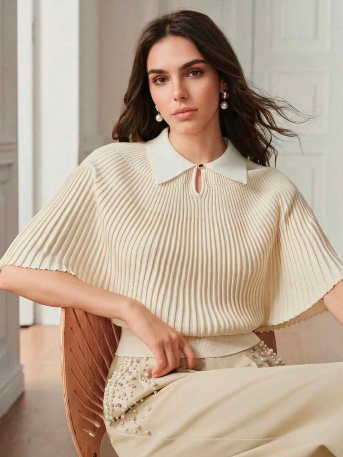 CM-TS412715 Women Elegant Seoul Style Collar Neckline Knit Short Sleeve Pleated Top - Light Yellow