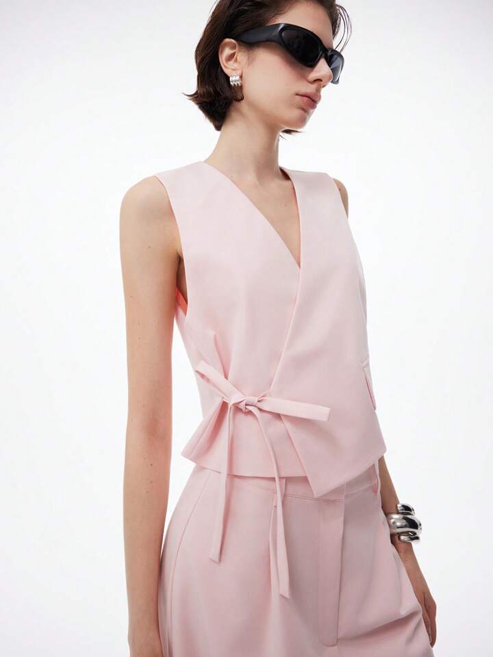 CM-SS262320 Women Casual Seoul Style V-Neck Sleeveless Tie-Waist Asymmetric Placket Vest With Wide-Leg Pants - Set