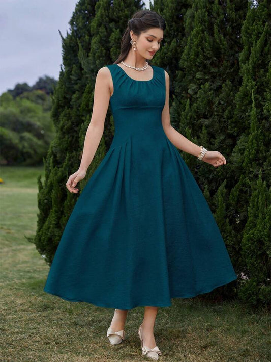 CM-DS511489 Women Elegant Seoul Style Solid Color Sleeveless Pleated A-Line Midi Dress - Teal Blue