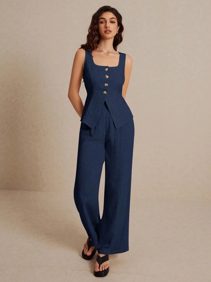 CM-SS648687 Women Elegant Seoul Style Square Neck Sleeveless Top With Trousers - Set