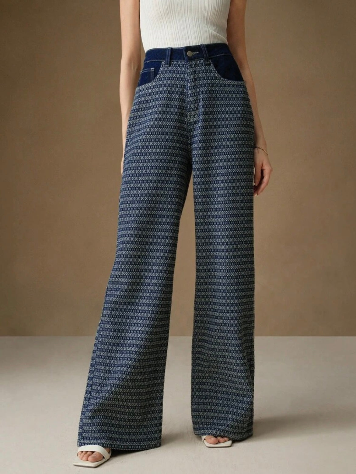 CM-BS572092 Women Casual Seoul Style Colorblock Jacquard Loose Wide-Leg Jeans - Dark Blue