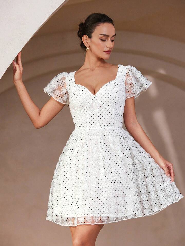 CM-DS996707 Women Elegant Seoul Style Organza See-Through Polka Dot Cap Sleeve Elastic Waist Short Dress