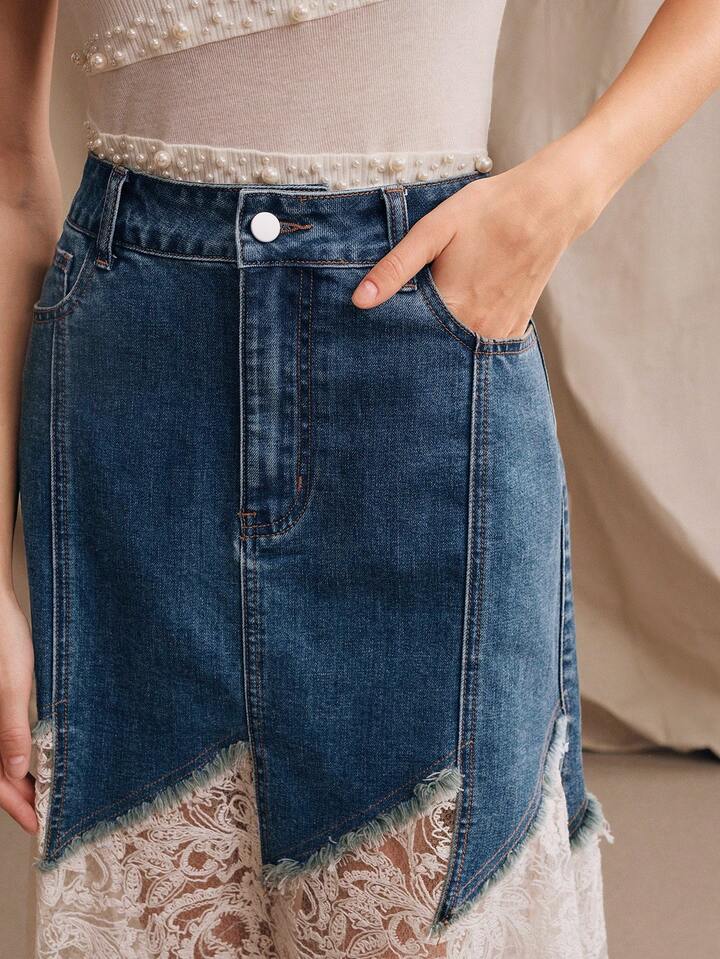 CM-BS740722 Women Casual Seoul Style Mid Waist Glitter Lace Mermaid Maxi Denim Skirt - Blue