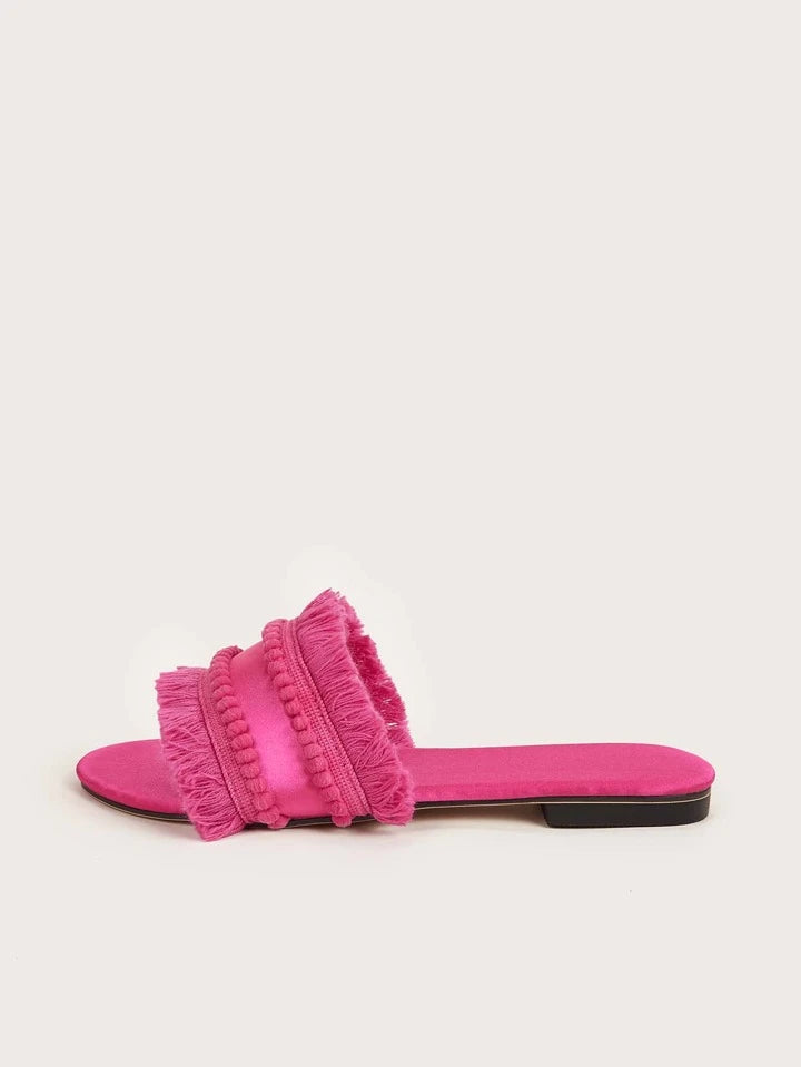 CM-SHS568444 Women Trendy Seoul Style Fringe Decor Plain Satin Open Toe Slide Sandals - Pink