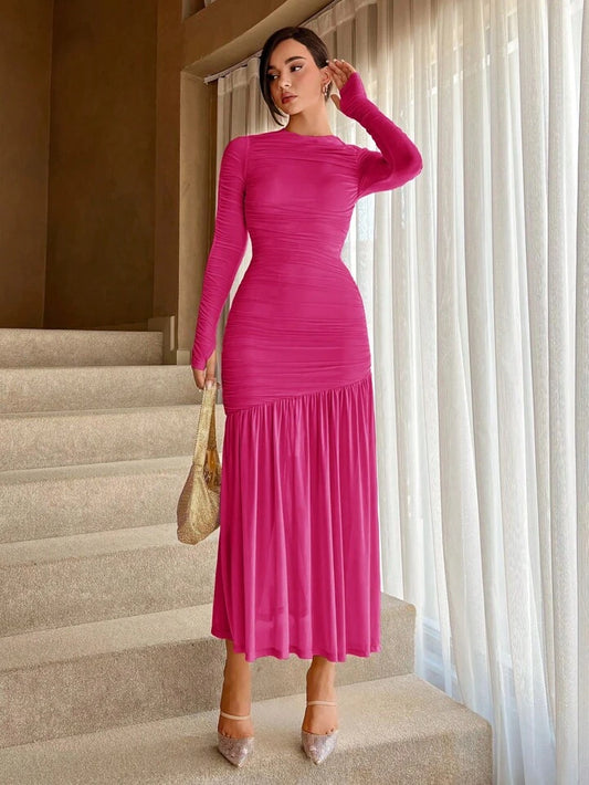 CM-DS451580 Women Elegant Seoul Style Round Neck Solid Ruched Ruffle Hem Dress - Hot Pink