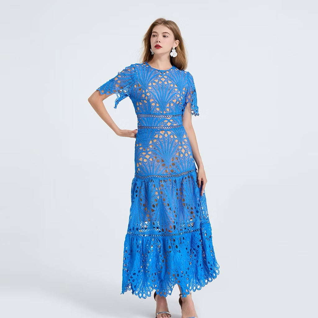 CM-DY053337 Women Elegant European Style Round Neck Short Sleeve High Waist Hollow Splice Long Dress - Blue